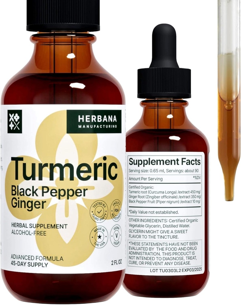Turmeric 3-in-1 Sıvı Ekstraksiyon - Curcumin & Ginger, Black Pepper - Natural Herbal Supplement - Immune and Brain ATM Tincture (2 FL OZ)