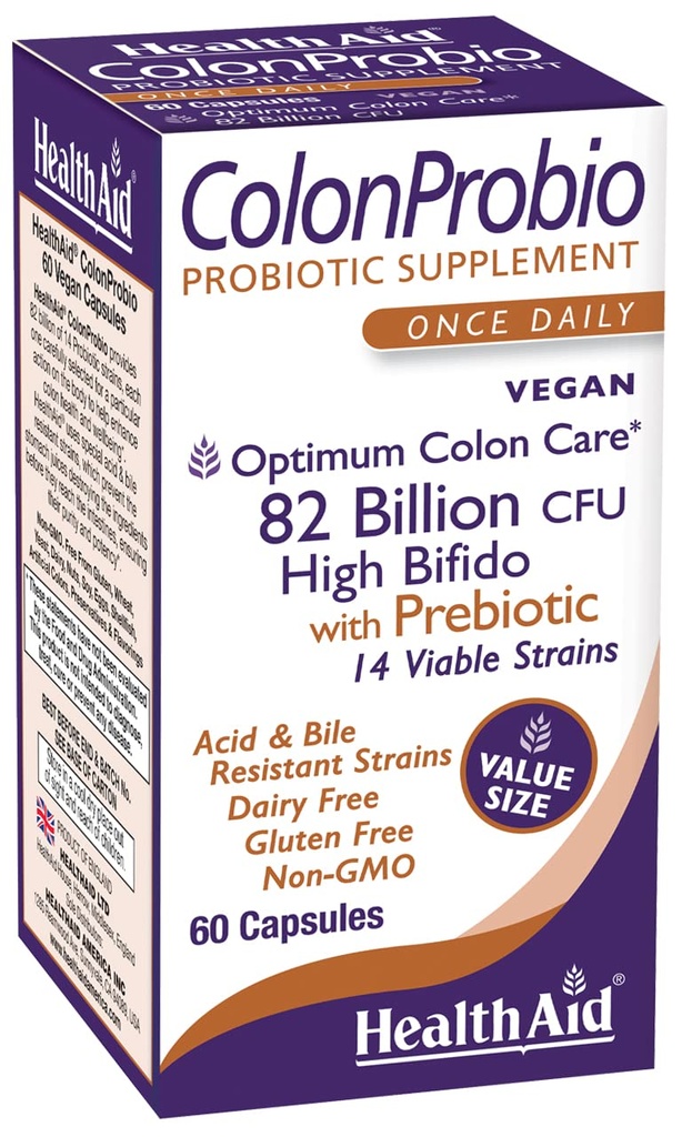 SağlıkAid ColonProbio 82 Milyar Prebiyotik, 14 Strains, Once Daily, 60ct, Optimum Kolon Bakım, Asit & Bile Dayanıklı, Süt Free, Gluten Free, Non-GMO, High Bifido