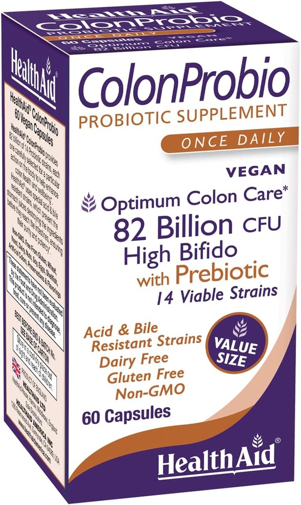 SağlıkAid ColonProbio 82 Milyar Prebiyotik, 14 Strains, Once Daily, 60ct, Optimum Kolon Bakım, Asit & Bile Dayanıklı, Süt Free, Gluten Free, Non-GMO, High Bifido