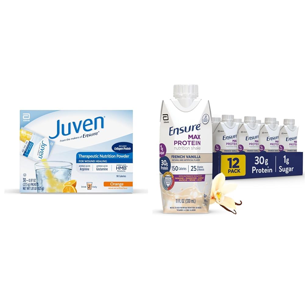 Juven Tedavi Beslenmesi Yara İyiliği için Toz Mix, 30 Kont + Max Protein Beslenme Shake, Fransız Vanilla, 12 Pack