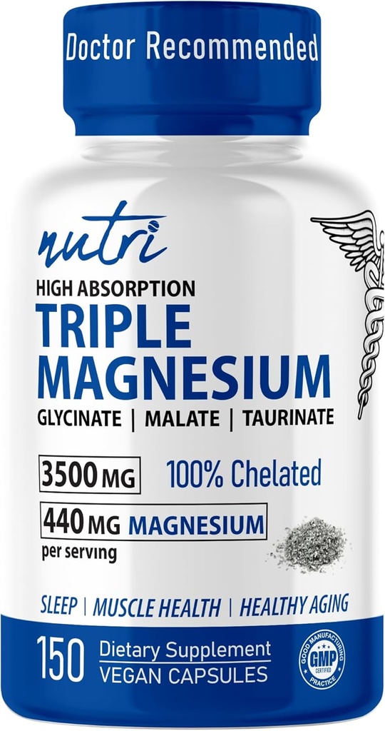 Nutri Triple Magnezyum Kompleksi 440 mg - Magnezyum Glycinate, Malate, & Taurinate - 100 Chelated for Maximum Abors - 120 Vegan Capsules - Triple Complex Magnezyum - Magnesio Triple Kompleksi