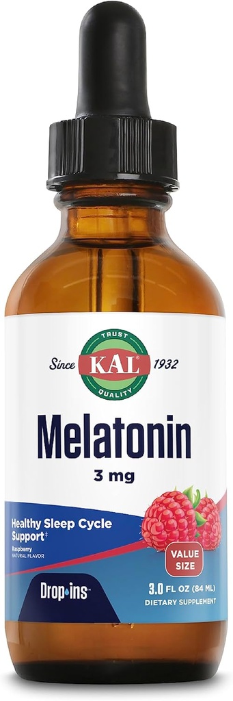 KAL Μελατονίνη 3mg Dropins, γρήγορης δράσης βοήθεια ύπνου, μελατονίνη σταγόνες για την ηρεμία χαλάρωση και υγιή υποστήριξη του κύκλου ύπνου, φυσική γεύση σμέουρων, 60 ημέρες εγγύηση, περίπου 88 υπηρεσίες, 3 fl oz