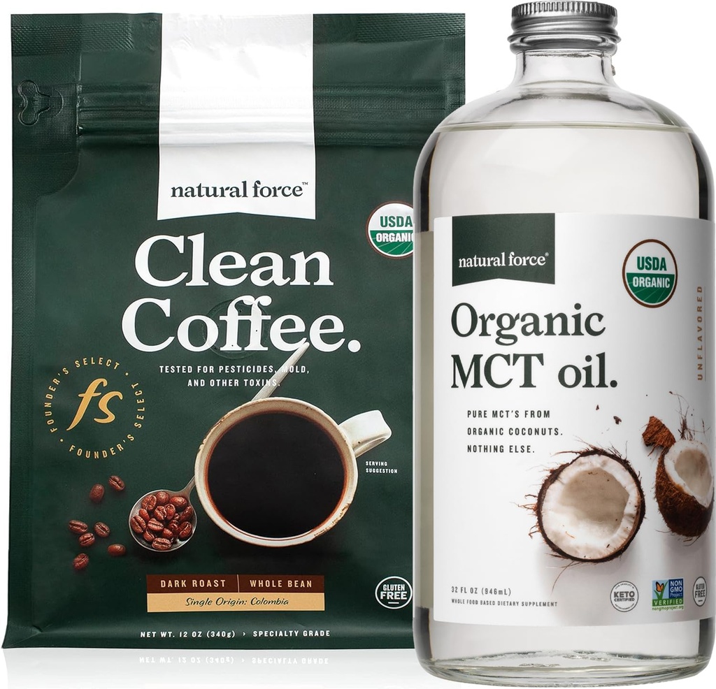 Doğal Kuvvet Organik Dark Roast Clean Coffee + Organik MCT Oil Sche – 100% Pure Coconut MCTs & Moldova Free Coffee – Non-GMO, DW, ve Vegan - 12 Oz ve 32 Oz