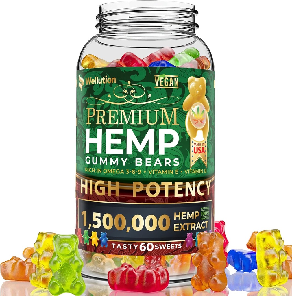 WELLUTION Hemp Gummies - Yüksek Potency 1.000 MCG - Rahatlama ve Barış için Doğal Meyve Ayı - 60.