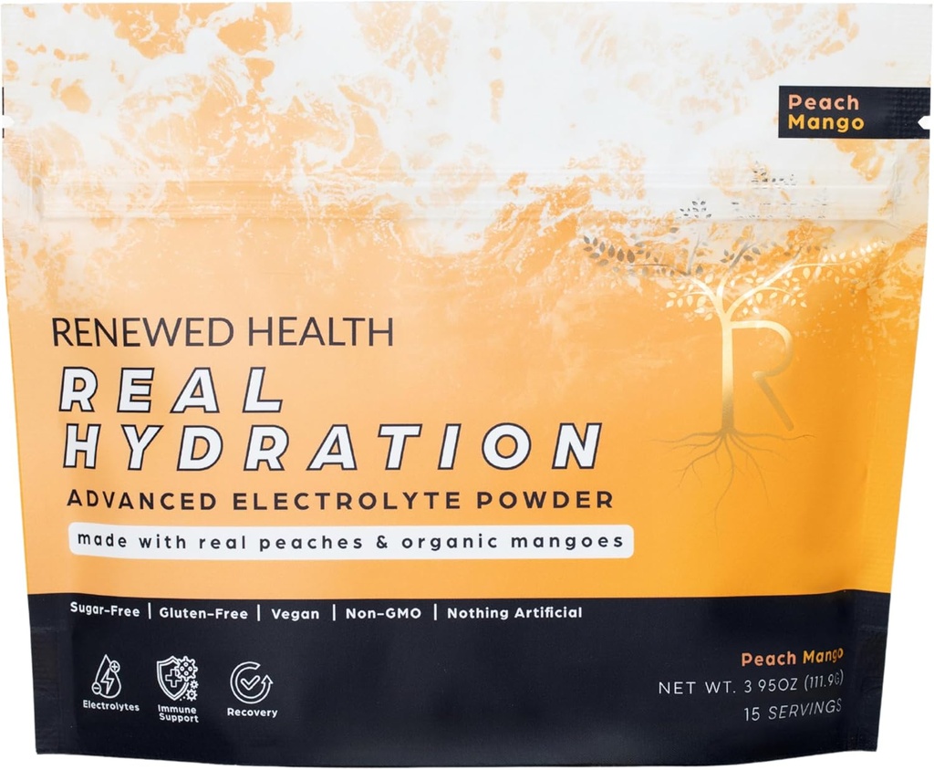 Gerçek Hydration - Organik Meyve bazlı Electrolyte Mix - Organik Meyveler ve Pink Salt - Zero Sugar & Vegan - Hydration, Immune & Recovery Support (15 hizmet, Peach Mango)