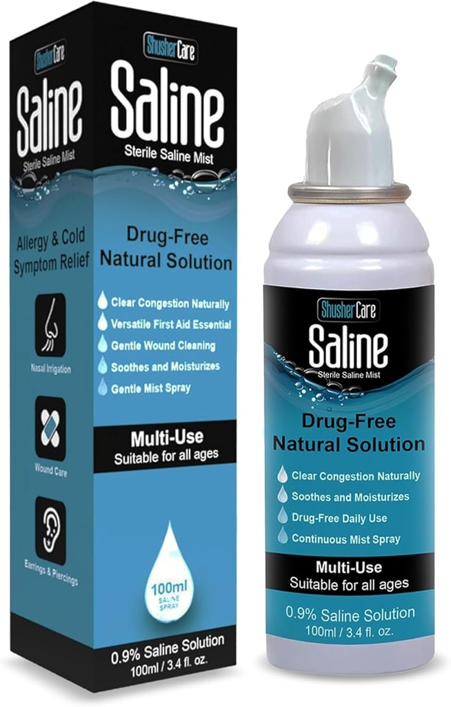 Nose için Saline Sprey - Nasal Spray Yeni doğan, Baby & Yetişkinler, Salt Water Decongestant Mist For Thingsy Nose, Travel Friendly, Natural, 0.9% Saline - 100 ml (3.4 fl oz)