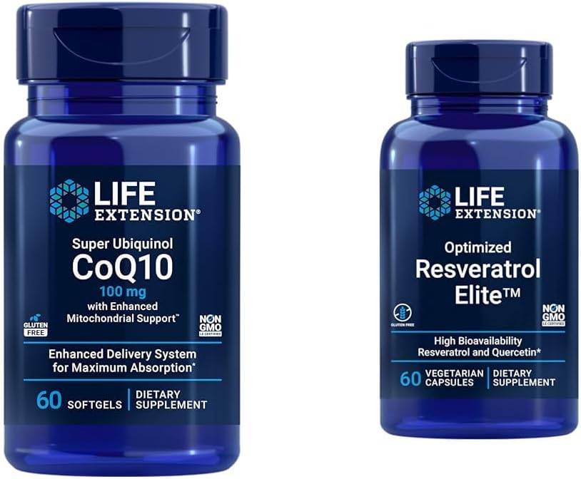 Life Extension Super Ubiquinol CoQ10 60 Softgels ve Optimized Resveratrol Elite 60 Vegetarian Capsules Sches