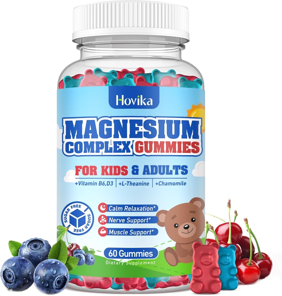Çocuklarla Magnezyum Gummies - Magnezyum Glycinate Citrate Chewable Supplement ile B6, D3, Passion Flower, L-theanine - Sugar Free Calm Magnezyum for Kids & Adults Sleep, Mood, Relaxation, 60 Chews