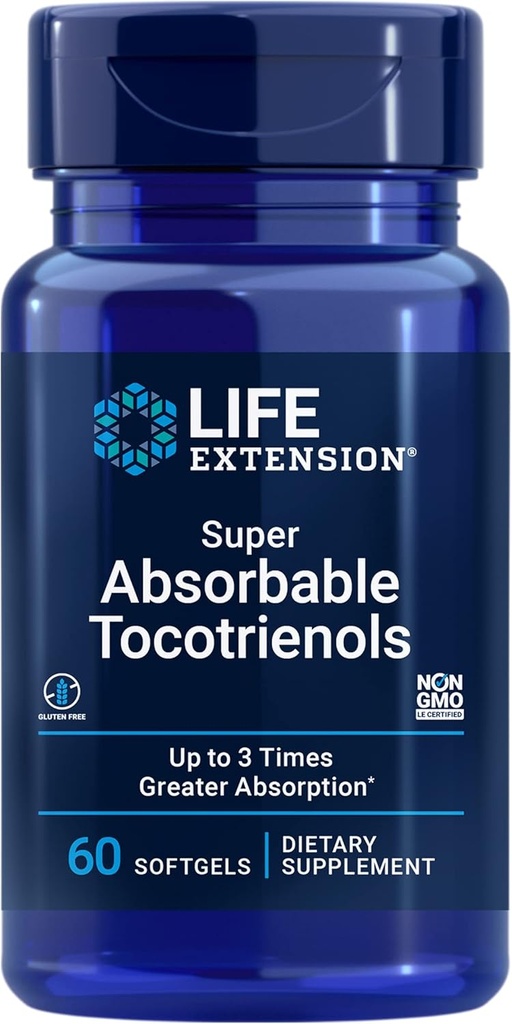 Life Extension Super Absorbable Tocotrienols, Vitamin E as D-Alpha tocopherol, Karma tocotrienols, Support Hair growth, Brain Function, Gluten-Free, Non-GMO, 60 softgels