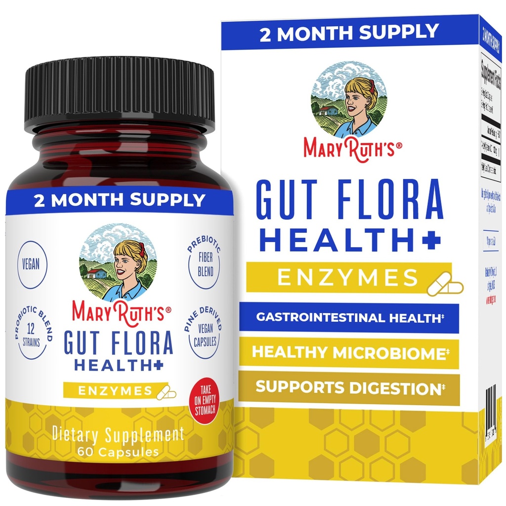 MaryRuth Organics Gut Flora Health+ Enzymes | Up to 2 Ay Supply | Prebiyotik Probiyotik Digestive Enzymes Cool Biome & Digestive Support | Gastrointestinal Health | 60 Capsules