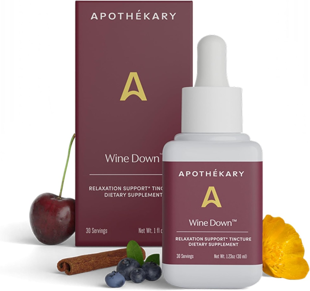 Apothékary Wine Down, Natural Sleep and Relaxation Support, Alkol-Free Red Wine-Inspired Herbal Liquid Drops, Consists of Blue Vervain, Tart Cherry, ve California Poppy, 1 oz, 30 Hizmet