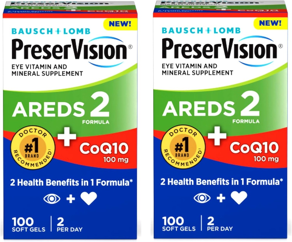 PreserVision Eye Vitamin & Mineral Supplement AREDS 2 Formula + CoQ10, 2-in-1 Health Faydaları, 100 Softgels (2. Gün başına) 2 Paket