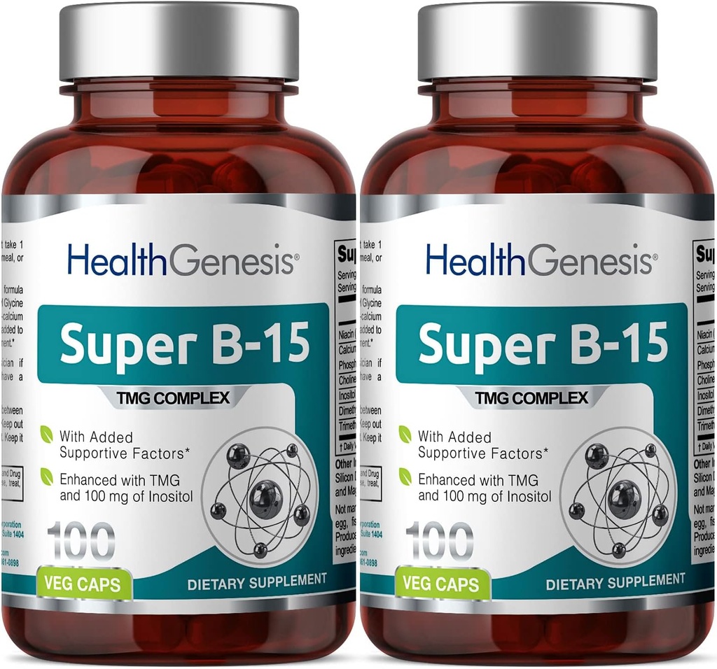 Super B-15 100 Vcaps 2 Pack - Νιασίνη Ασβέστιο Χολίνη Ινοσιτόλη DMG TMG - Υποστηρίζει υγιή επίπεδα ενέργειας οξυγόνου