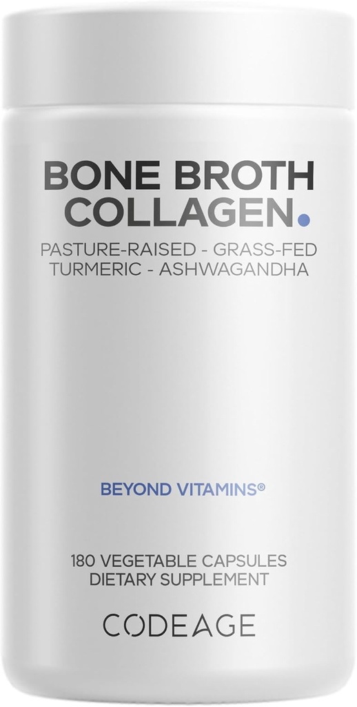 Codeage Organic Bone Broth Collagen Capsule Capsules Supplement, Bone Broth Grass Fed Beef, Free-Range Chicken, Turmeric & Ashwagandha - Collagen Tip I, II, III - Non-GMO - 180 Capsules