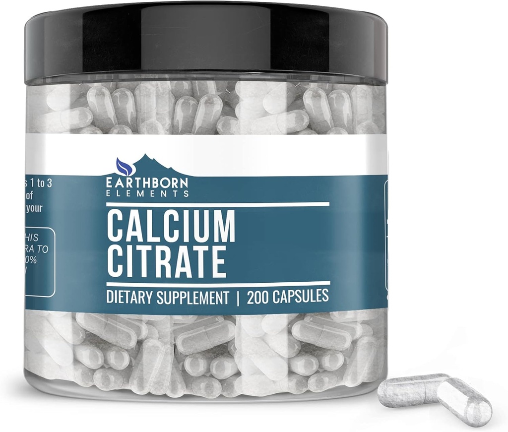 Earthborn Elements Calcium Citrate 200 Capsules, Pure & Undiluted, No Additives
