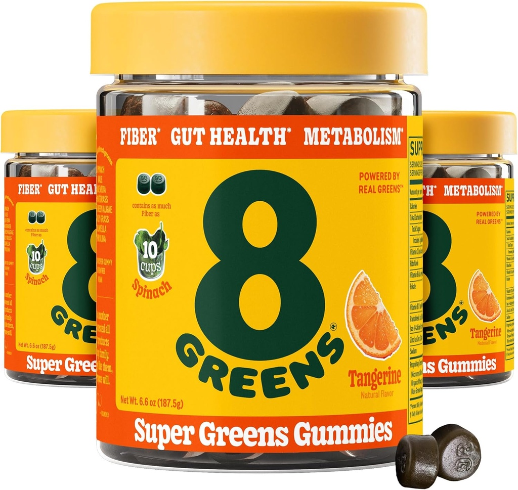 8Greens Daily Fiber Super Greens Gummies - Tangerine Flavor: Boost Immune System & Digestive Health with 8 Real Greens - Non-GMO Formula, Chewables, 50 Gummies, 3 Paket