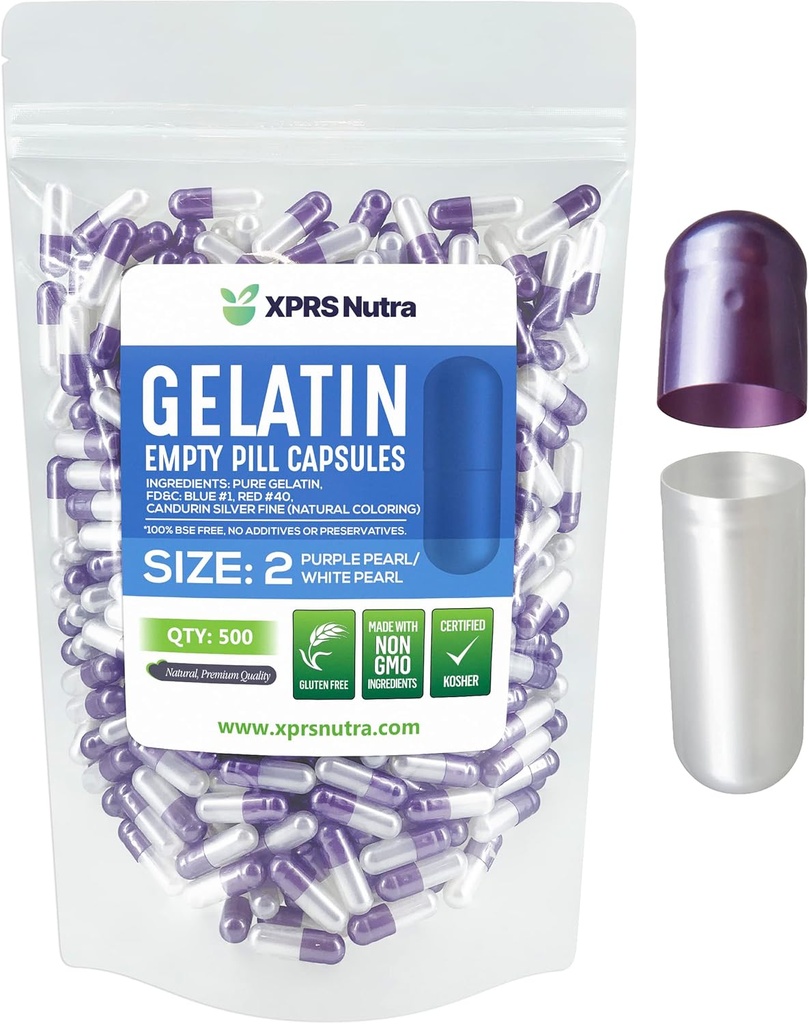 XPRS Nutra Size 2 Empty Capses - 500 Count Empty Gelatin Κάψουλες - Χάπια DIY Καψάκιο Γέμισμα - Pure Bovine Pill Gel Caps for Do-It-Yourself Συμπληρώματα (Pearl Purple/White)