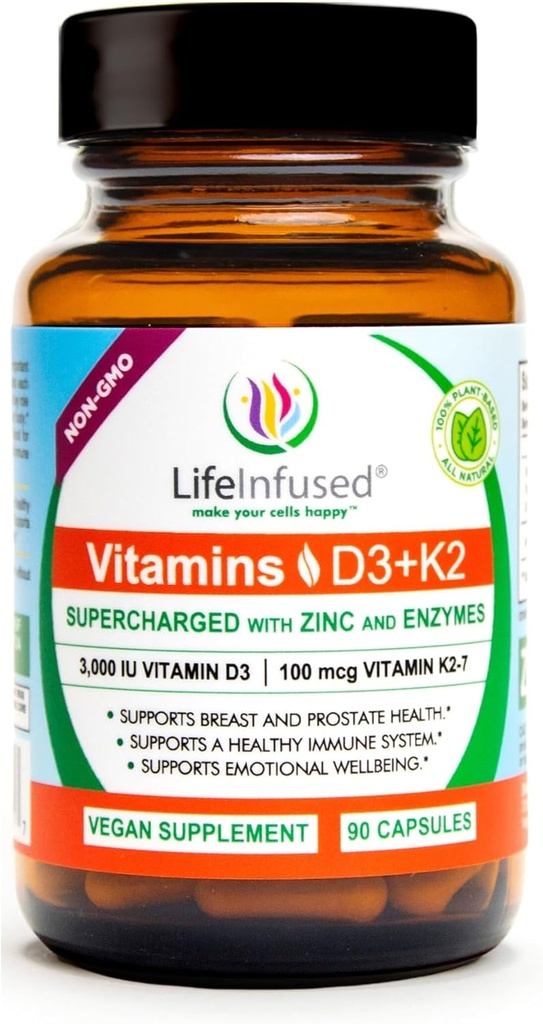 Life Infüzyon Vitamin D3 + K2, çinko ve Enzymes ile Supercharged, Sağlıklı Immune Sistemi, Bone Health, Duygusal Wellness, 90 Capsules.