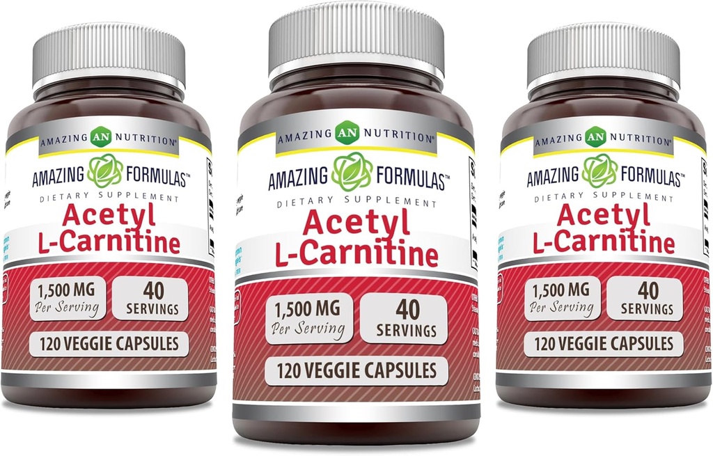 Amazing Formulas Acetyl L-Carnitine 1500 Mg Per Veggie Capsules Supplement | Non-GMO | Gluten Free | Made in USA | Uygun for Vegetarians (120) | 3 Paket