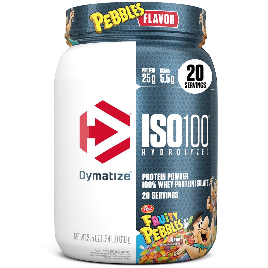 Dymatize x Fruity Pebbles ISO100 Whey Protein Powder Isolate, 25g πρωτεΐνης, 5.5g BCAAs, 120 Cal., Χωρίς γλουτένη, 1g λίπος, 1g ζάχαρη, 2g υδατάνθρακες (20 υπηρεσίες)