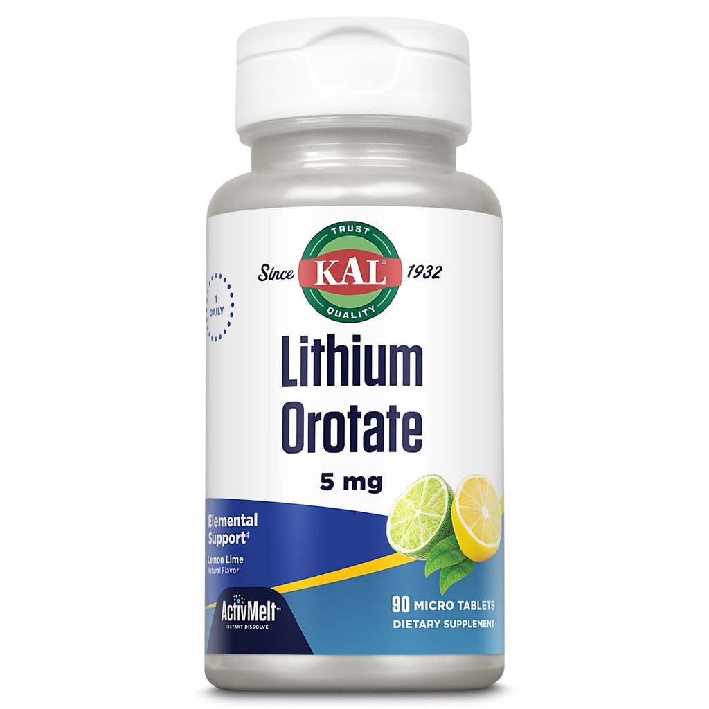 KAL Lityum Orotate ActivMelt 5 mg, Enzim ve Bioavailability, Sağlıklı Mood Desteği, Doğal Limon Lime Flavor, Instant Dissolve Tabletleri, 90 Hizmet, 90 Mikro Tabletler