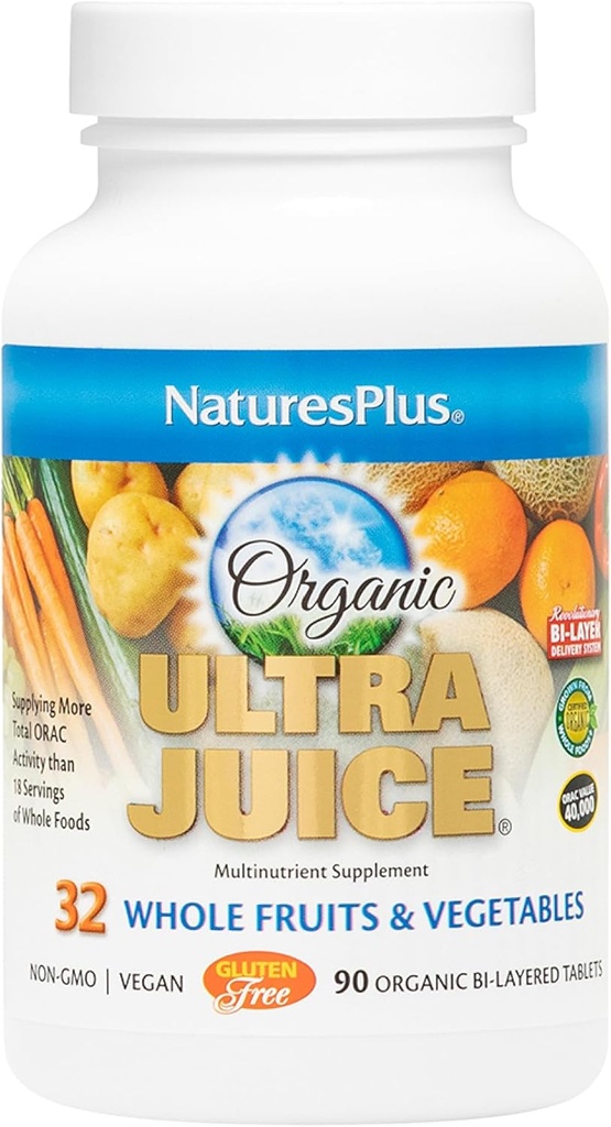 Natures Plus Ultra Juice Multivitamin - 90 Vejetaryen Tabletler, Bikated - Tüm Gıda Supplement - Tüm Meyveler ve Sebzeler, Antioksi - Non-GMO, Vegan, Organik, Gluten-Free - 45 Hizmetler