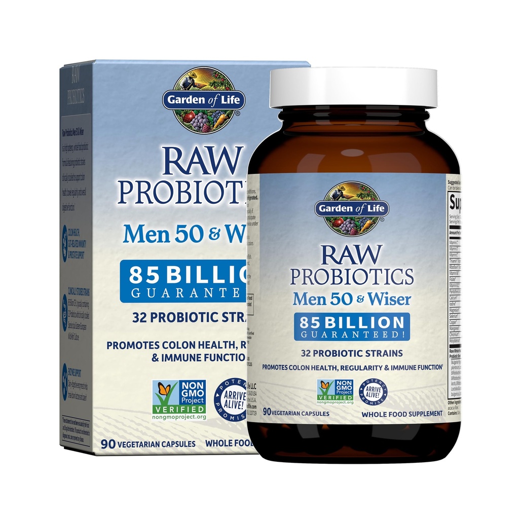 Life Raw Probiyotiks for Men Over 50 - Men 50 & Wiser Probiyotik with Acidofilius and Bifidobacteria Probiyotik-Created Vitamins, Enzymes, and Prebiyotiks, Gluten Free - 90 Vegetarian Capsules