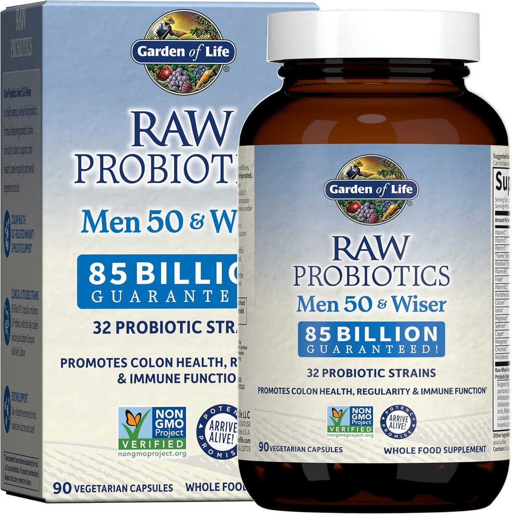 Life Raw Probiyotiks for Men Over 50 - Men 50 & Wiser Probiyotik with Acidofilius and Bifidobacteria Probiyotik-Created Vitamins, Enzymes, and Prebiyotiks, Gluten Free - 90 Vegetarian Capsules