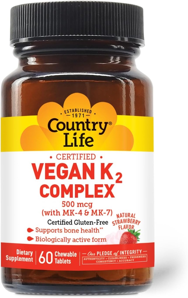 Ülke Life® Vegan K2-500 mcg, 60 Ct. Chewable Tabletler. Strawberry Flavor - sertifikalı Gluten Free - AVA tarafından sertifikalı Vegan - Bone Health'i desteklemek için