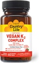 Country Life® Vegan K2-500 mcg, 60 Ct. Μασώμενα δισκία. Φράουλα Γεύση - Πιστοποιημένο χωρίς γλουτένη - Πιστοποιημένο Vegan από την AVA – για την υποστήριξη της υγείας των οστών