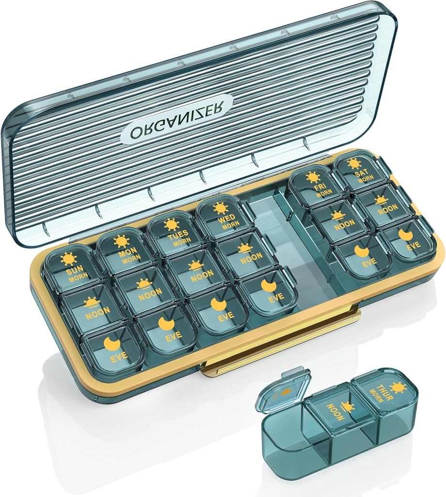 Pill Organizer 3 Times A Day, 7 Day Pill Box 3 Times A Day - Acedada Weekly Box Organizer 7 ayrı konteyner, Portatif Günlük Tıp Planlayıcı Vitamin Balık Yağı Tamam için Vaka, Blue