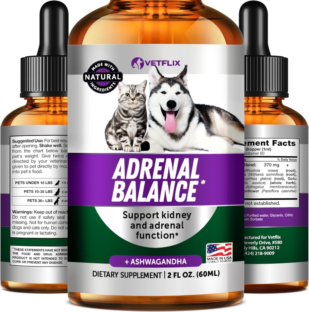 Köpekler ve Kediler için Pet Adrenal Destek - ABD'de Yapılan - Köpekler için Tedavi - Kidney Desteği için Kedi ve Köpek Tamamı - 2 Fl Oz