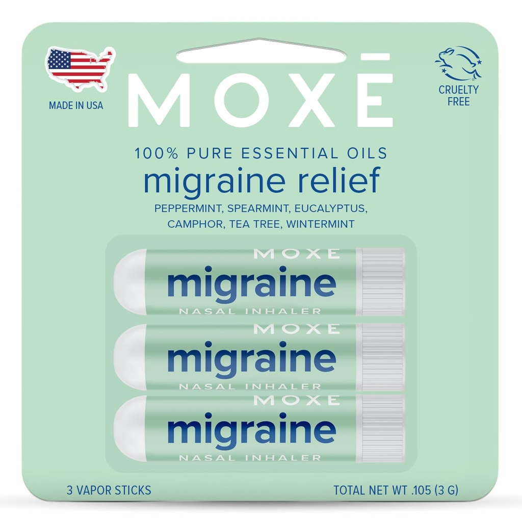 MOXE Migraine Relief Nasal Inhalers, Essential Oils for Headaches & Gergins, Portable Aromaterapi, Easy-to-Use, Pure & Undiled, Peppermint, Spearmint, Eucalyptus, Tea Tree, USA Made, 3 Pack