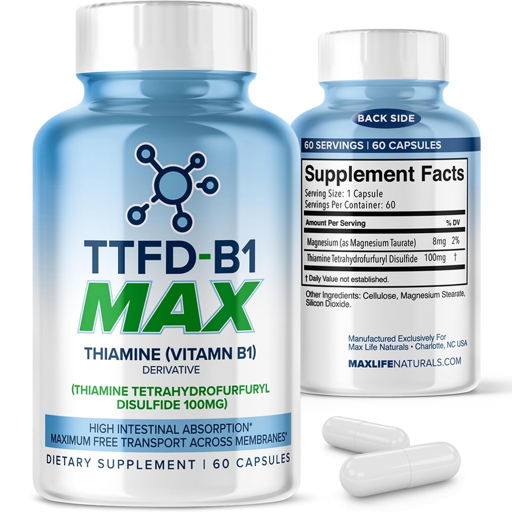 TTFD Thiamine B1 συμπλήρωμα 60Κάψουλες Made in USA-TTFD βιταμίνης B1 MAX, υψηλής ισχύος συμπλήρωμα για την ενέργεια & εστίαση, υποστηρίζει υγιή νευρική λειτουργία & συνολική ευεξία από MaxLife Naturals