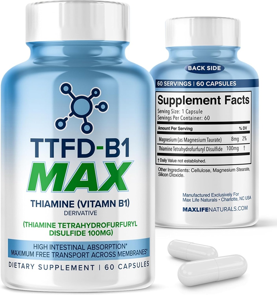 TTFD Thiamine B1 συμπλήρωμα 60Κάψουλες Made in USA-TTFD βιταμίνης B1 MAX, υψηλής ισχύος συμπλήρωμα για την ενέργεια & εστίαση, υποστηρίζει υγιή νευρική λειτουργία & συνολική ευεξία από MaxLife Naturals