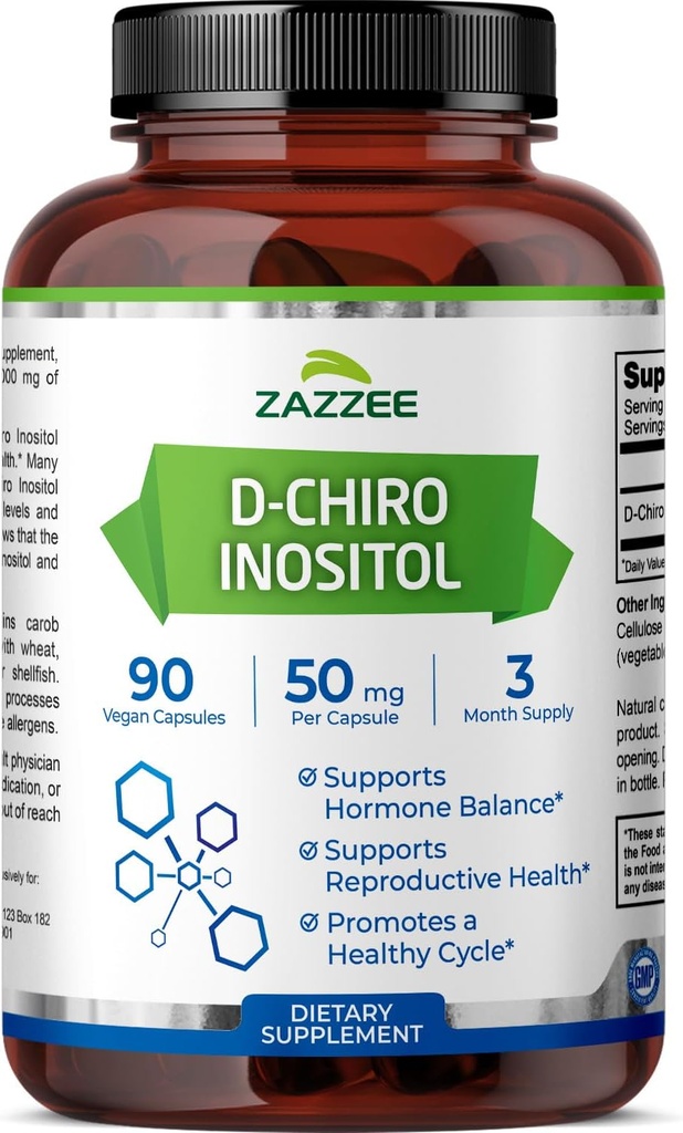 Zazzee D- Chiro- Ινοσιτόλη, 50 mg ανά καψάκιο, 90 κάψουλες Vegan, Ιδανική Δοσολογία για 40:1 Λόγος με Myo-Inositol, 3 μήνες προσφοράς, 100% χορτοφάγους, μη ΓΤΟ