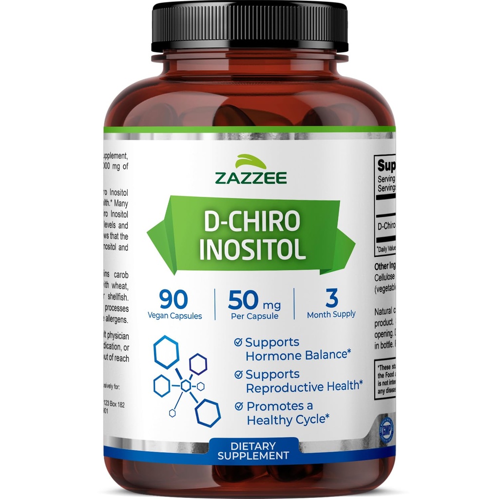 Zazzee D-Chiro-Inositol, 50 mg per Capsule, 90 Vegan Capsules, Ideal Dosage for 40:1 Oran with Myo-Inositol, 3 Ay Supply, 100% Vegetarian, Non-GMO
