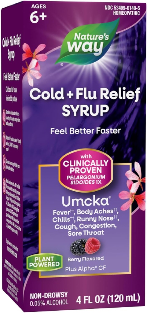 Nature's Way Cold+Flu Relief Syrup, Umcka, Ateş*, Sore Throat, Cough, Congestion, Body Aches*, Homeopathic, Phenylephrine Free, 0.05% Alkol, Berry Flavored, 4 Fl Oz (Package Vary)