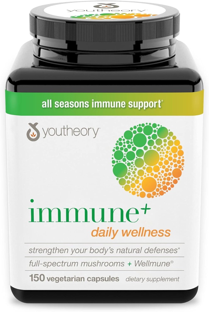 Youtheory Immune+ Daily Wellness- Organik Mushrooms- Beta Glucan- Vitamin C, D3 & çinko 150 Vegetarian Caps
