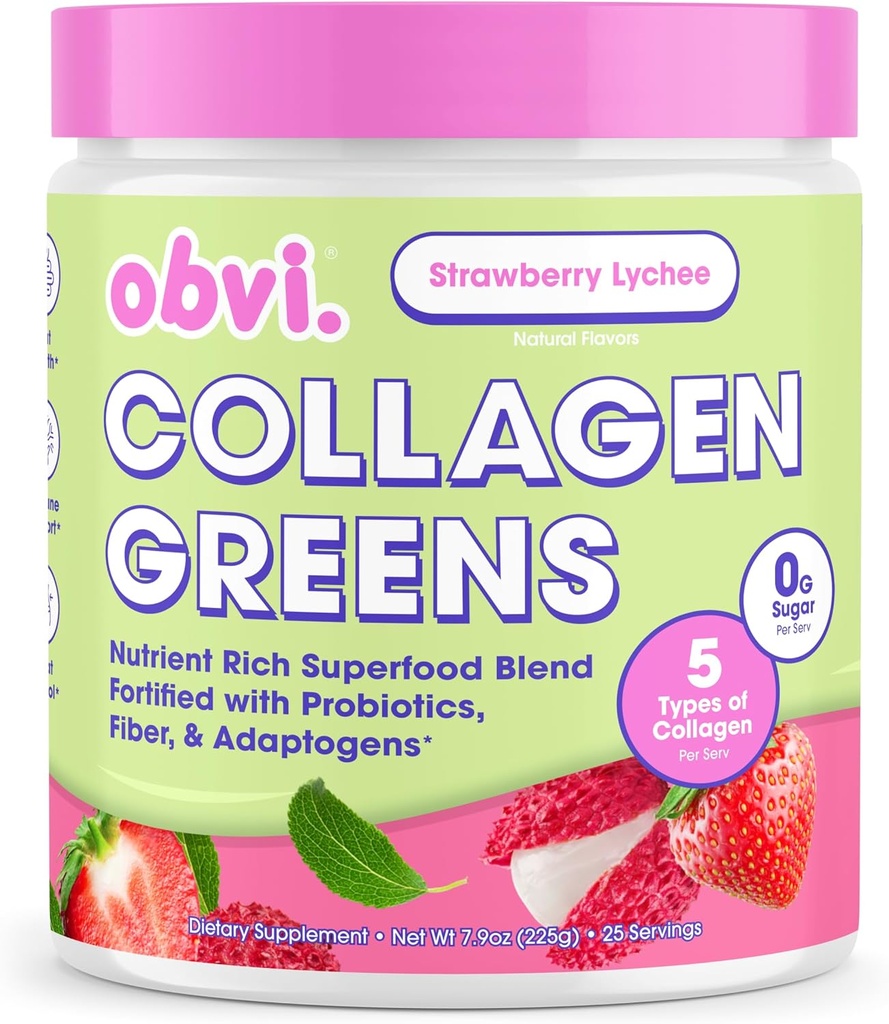 Obvi Collagen Greens | Organik Greens Superfood Toz Collagen, | Gut Health, Skin, Hair, Nails | Gluten-Free, Zero Sugar | Strawberry Lychee Flavor, 25 Servisler
