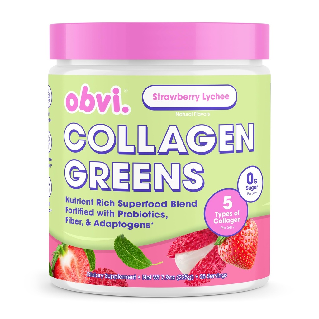 Obvi Collagen Greens | Organik Greens Superfood Toz Collagen, | Gut Health, Skin, Hair, Nails | Gluten-Free, Zero Sugar | Strawberry Lychee Flavor, 25 Servisler