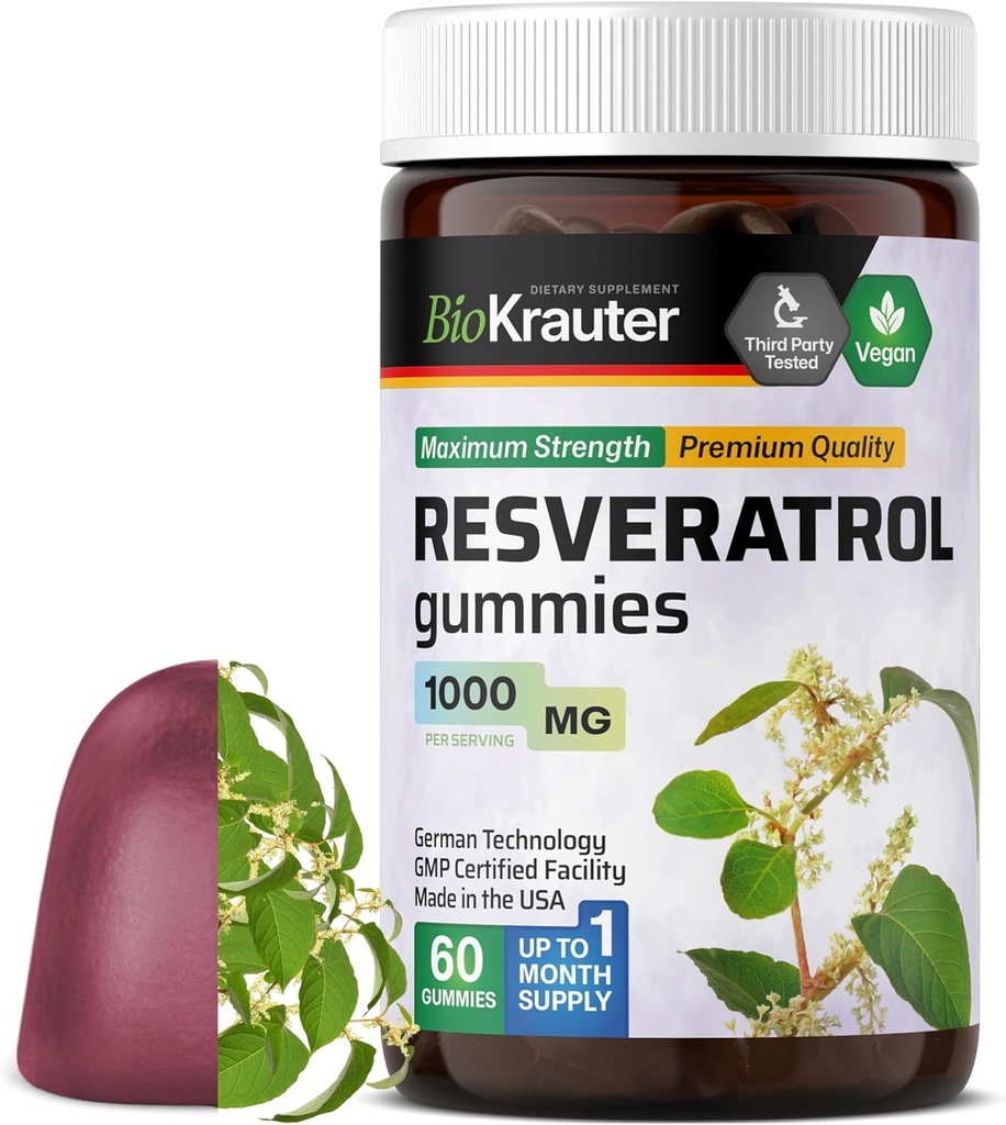 BIO KRAUTER Resveratrol Gummies - 1000 mg Güçlü - 60 Vegan Chews -% 98 Saf Trans Resveratrol Tamam - Antioksit Desteği