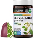 BIO KRAUTER Resveratrol Gummies - 1000 mg Güçlü - 60 Vegan Chews -% 98 Saf Trans Resveratrol Tamam - Antioksit Desteği