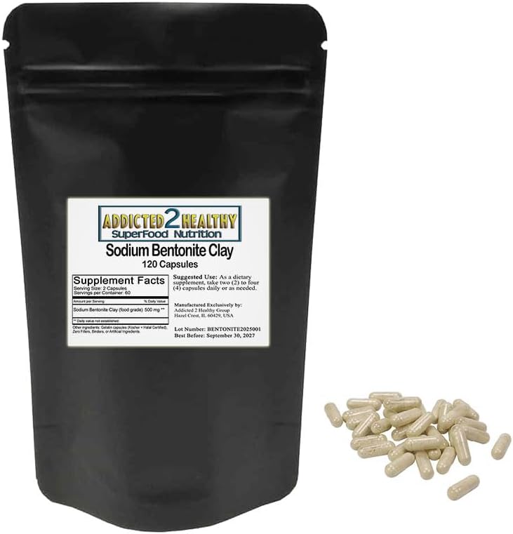 Food Grade Sodium Bentonite Clay Powder Capsules (1000 mg) 120 Count by Addicted 2 Healthy
