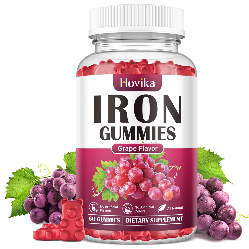 Demir Gummies Kadınlar ve Erkekler için ek olarak, C, B12, Folate- Blood Builder & Energy Support for Iron Deficiency-Grape Flavor, Vegan, 60 Gummies