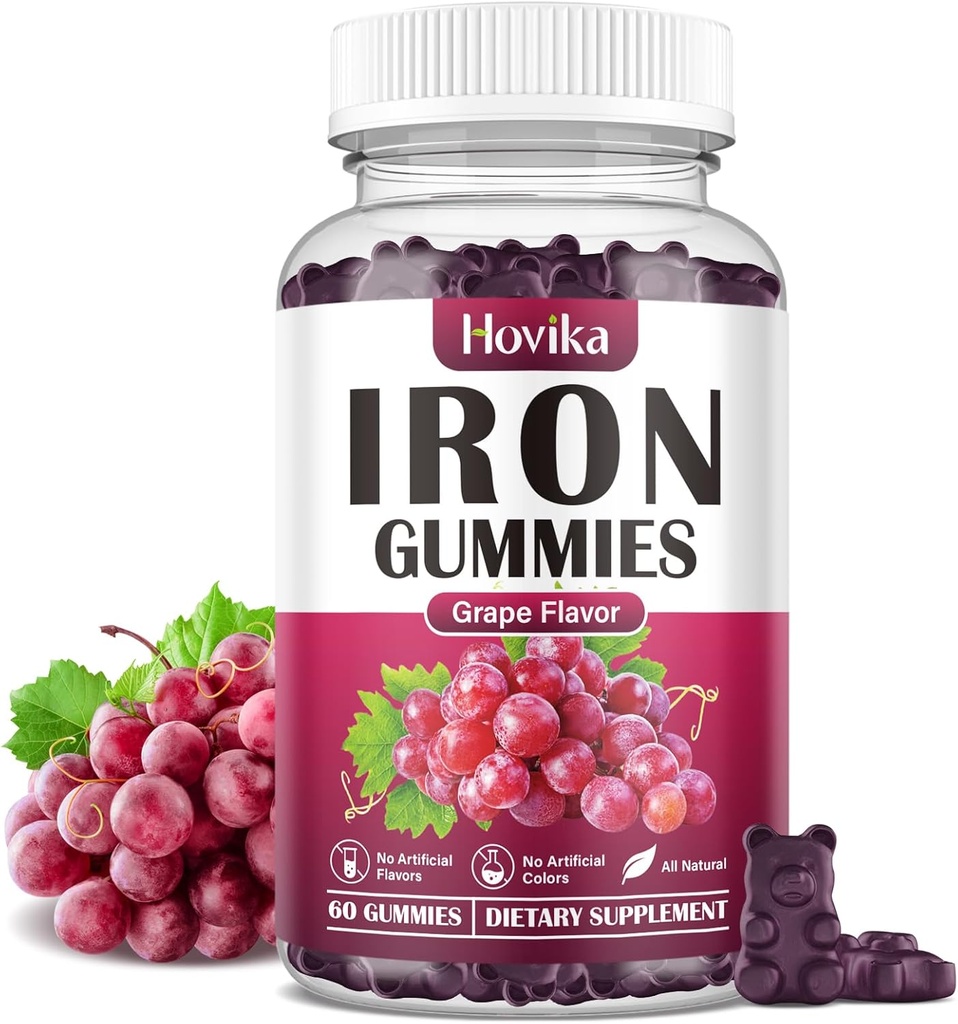 Iron Gummies συμπλήρωμα για γυναίκες & άνδρες, συμπληρώματα σιδήρου για αναιμία με βιταμίνη C, B12, Folate-Blood Builder & Energy Support for Iron Deficiency-Grape Flavor, Vegan, 60 Gummies