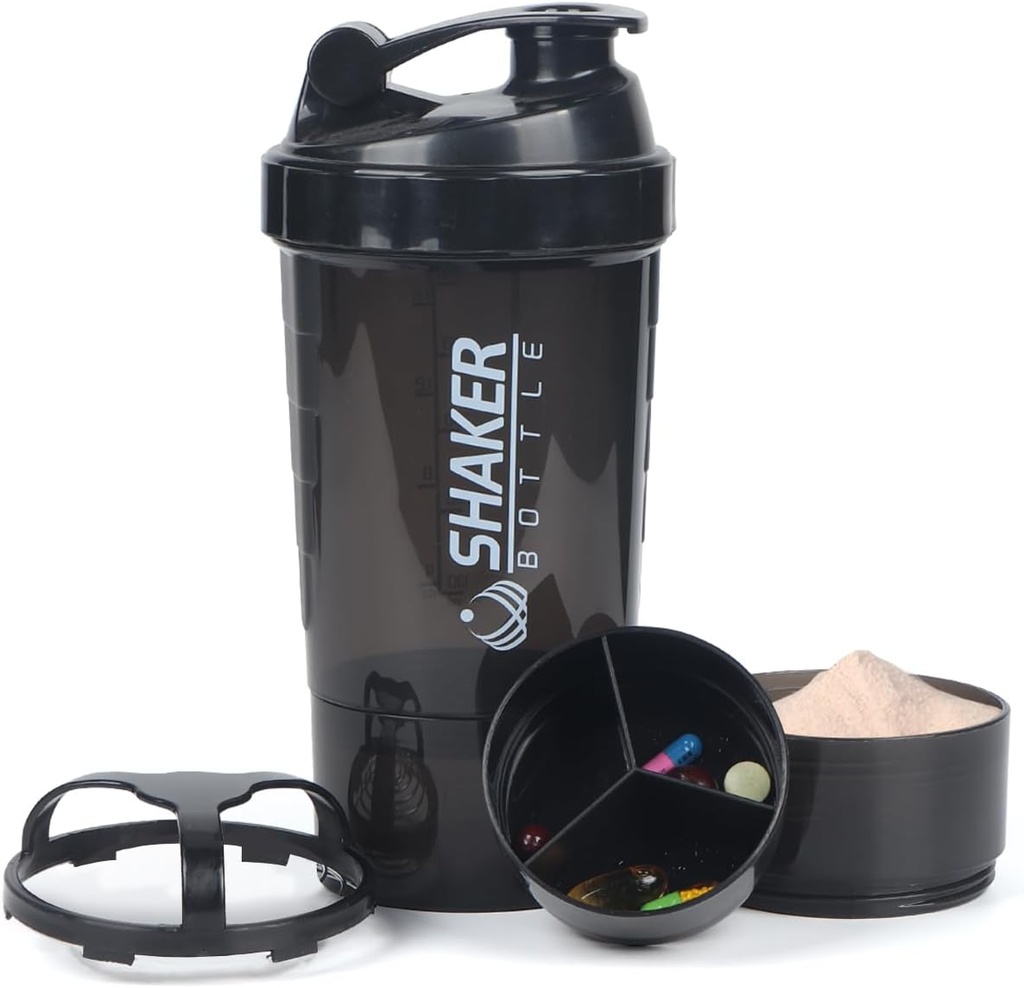 Protein Shaker Bottle,16 oz Shake Cup for Protein Powder with Storage,Sports Water Bottle,Non Slip 3 Layer Twist Off 3oz Cups with Pill Tray Leak Proof Shake Bottles for Protein Mixes
