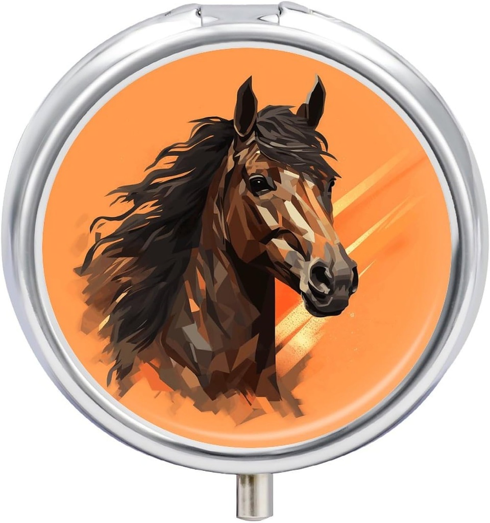 Seyahat Pill Box for Purse & Pocket,Orange background with Horse Head Print Metal Small Pill Case,Round Cute Pill Organizer,3 Karşılaştırmalı Pill Konteyner,Mini Pill Box for Pills,Vitamins,Supplements,a