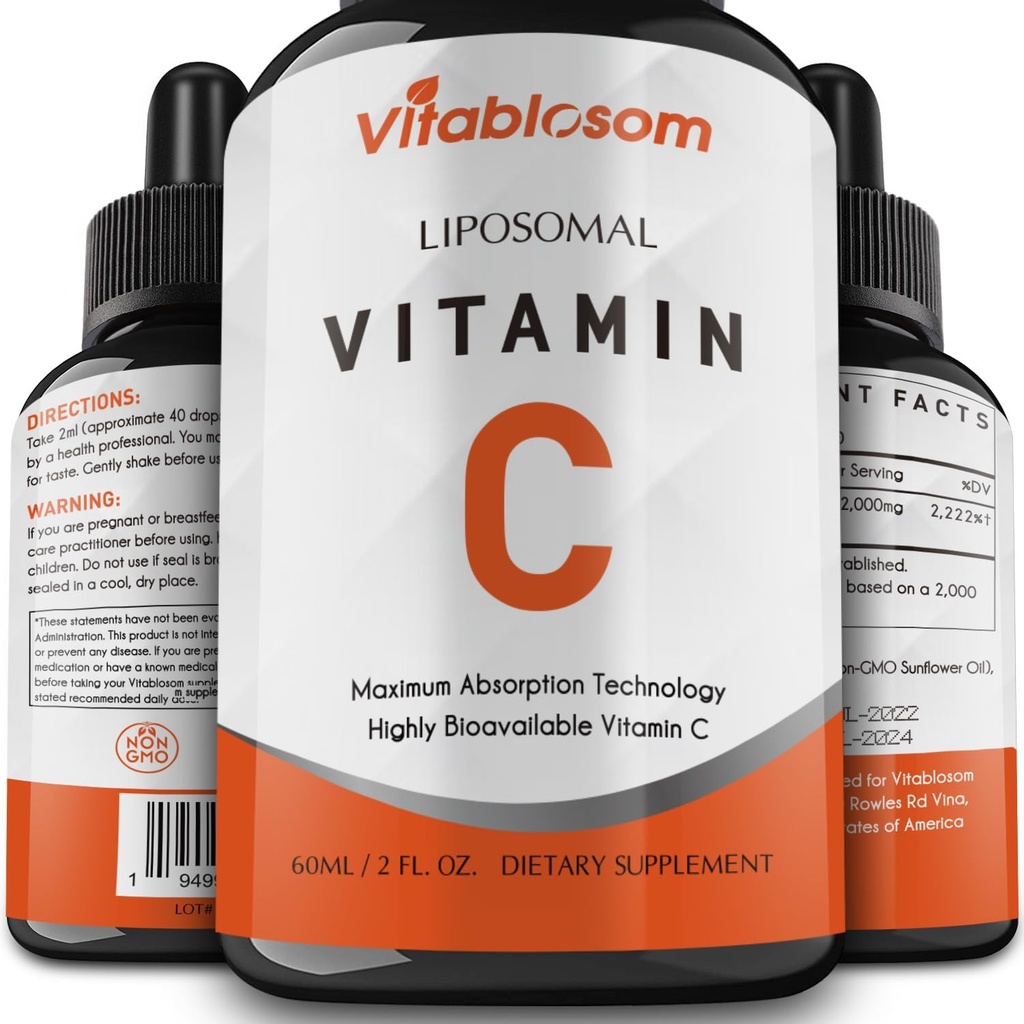 Yetişkinler için Liposomal Vitamin C 2000 mg Sıvı, Yüksek Abvitamin VIT C, Max Vitamin C, Immune System & Antioksi Support, 60ML (1 Şişe)