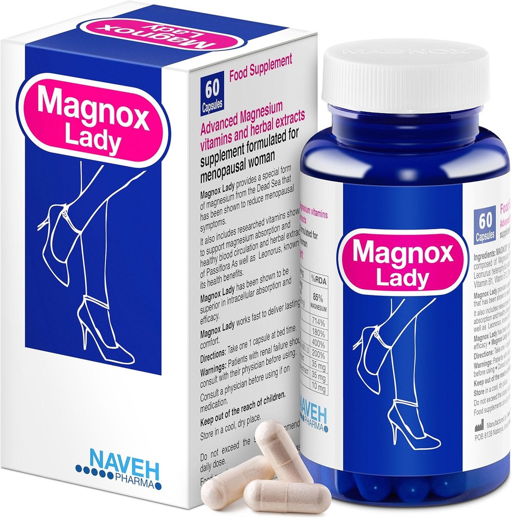 MAGNOX® Lady Magnezyum Supplement | Menopause and PMS Support Supplement for Women | Magnezyum Kompleksi B6, B1, B12, D, çinko | High-Abions Dead Sea Organic | 60 Vegetarian Capsules